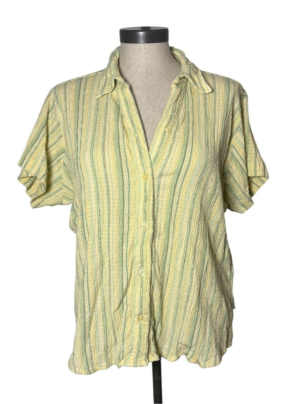 Vintage Woolrich Crinkle Stripe Button Front Shirt Large Green Yellow
